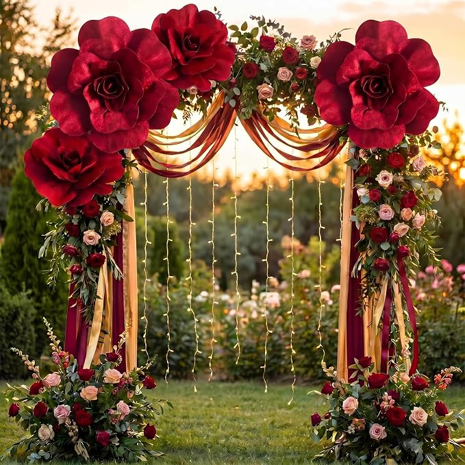Norme 3 Pcs Artificial Giant Burgundy Velvet Run for The Rose 12, 16, 20 Inch Rose Petals Big Paper Flowers Giant Flower Decorations Large Burgundy Flowers for Valentine, Home Decor