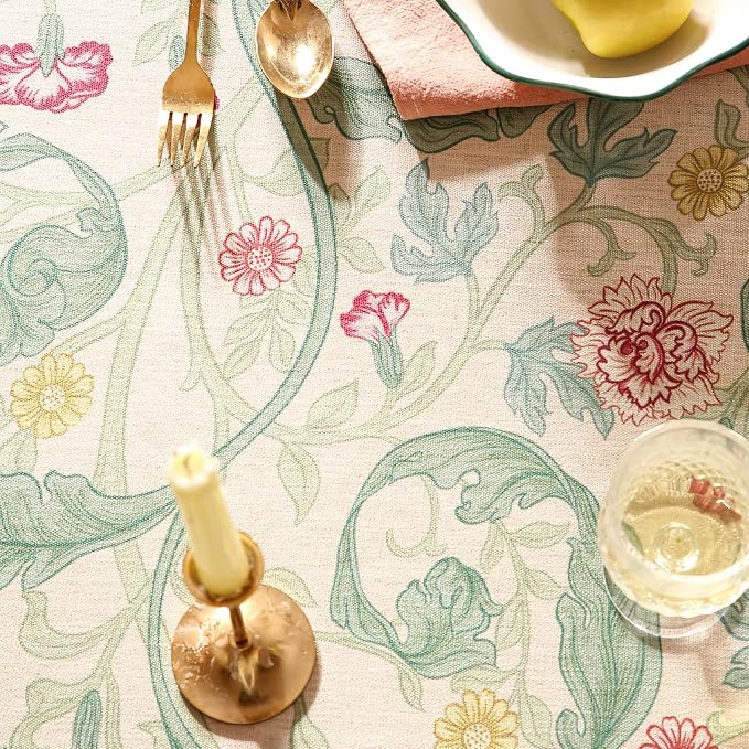 patdrea Vintage French Linen Tablecloth,Round,Diameter 55"-Cecilia A | Colorful Elegant Table Cloth for Round Table,Floral Vine Patterned,for Dining Room Tea Party Thanksgiving