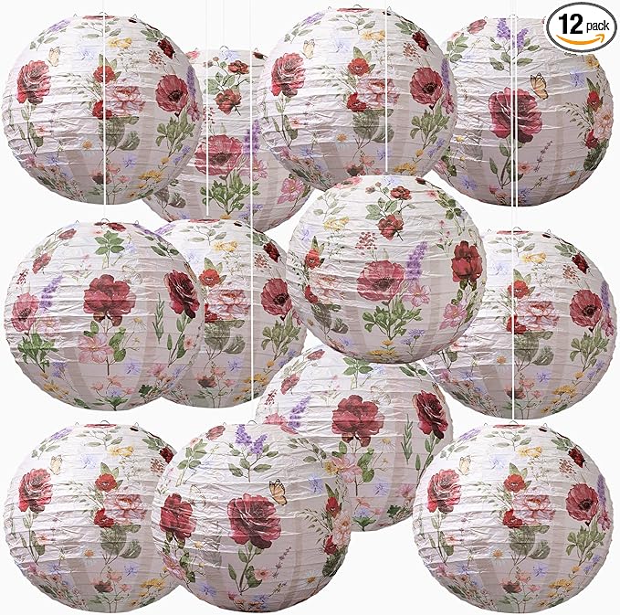 Honoson 12 Pcs Red Rose Paper Lanterns Spring Floral Party Decorations Hanging 10 Inch Chinese Lanterns for Wedding, Bridal Shower, Baby Shower, Tea Party Decorations
