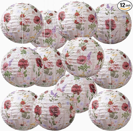 Honoson 12 Pcs Red Rose Paper Lanterns Spring Floral Party Decorations Hanging 10 Inch Chinese Lanterns for Wedding, Bridal Shower, Baby Shower, Tea Party Decorations