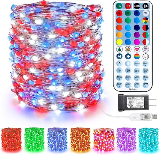 BrizLabs Color Changing Fairy Lights, 66ft 200 LED Red White Blue Fairy Lights with Remote, July 4th Lighting with Timer Dimmable Twinkle Light Music Sync for Indoor Xmas Halloween 4th of July Party