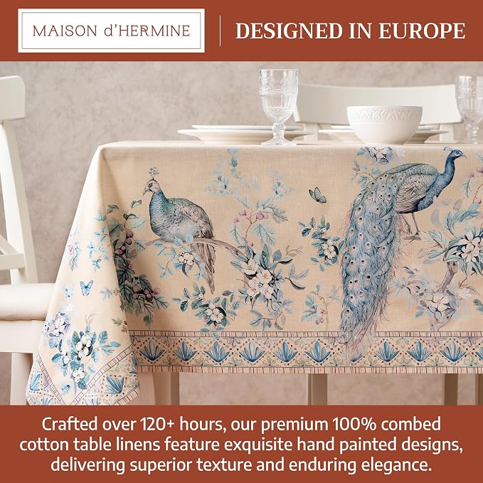 Maison d' Hermine Premium Table Cloth Rectangle Table 100% Combed Cotton 108 x 70 Inches Tablecloth Reusable Decorative for Dining Room, Home, Party, Festive & Wedding - Peacock Utopia - Sandy Beach