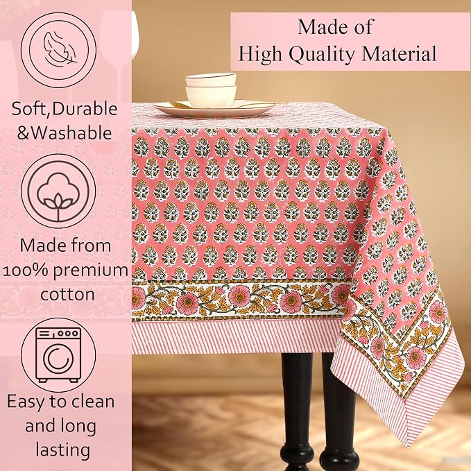 CPC Tablecloth 100% Cotton 80x120 Inch Indian Block Print Rectangle Table Cover, Washable Table Cloth for Weddings, Spring/Summer, Barbeque - Poppy Pink