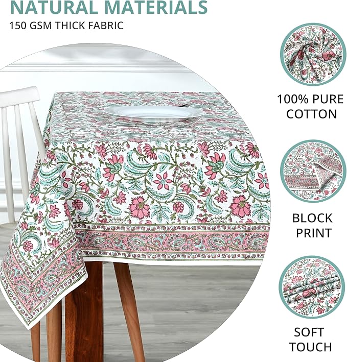 Ridhi Tulip Pink Hand Block Print Cotton Rectangle Tablecloth 140" x 72" inches Reusable Table Cover Decorative Everyday Use for Dining Room, Farmhouse, Home Gift for Spring, Mother's Day