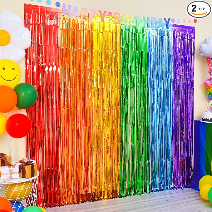 LOLStar Rainbow Party Decorations, 2 Pack 3.3x6.6ft Pride Decorations, Cartoon Birthday Decor Foil Fringe Curtains Rainbow Theme Backdrop, Streamers Photobooth Prop for Happy Kindergarten Graduation