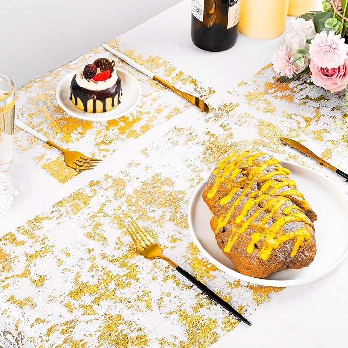 Aneco 12 Pieces Metallic Glitter Table Runner 84 x 11 Inches Gold Glitter Mesh Table Runners Sparkle Rectangle Runner Roll Decorations for Wedding Baby Shower Birthday, DIY Home Decor