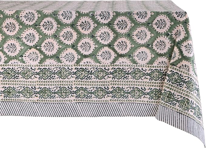 ATOSII Kari Green 100% Cotton Square Boho Summer Tablecloth, Block Print Floral Table Cloth Linen for Dining, Parties, Wedding, Outdoors Home Decor 60 X 60 Inches I 4 Seater I