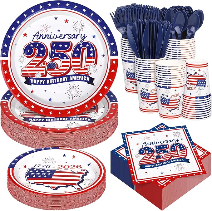 Kochorie 400 Pieces USA 250th Anniversary Party Supplies, Disposable Patriotic Tableware Sets with America 250th Anniversary Paper Plates Cups Napkins Cutlery Serves 50 for 4th of July Party Supplies