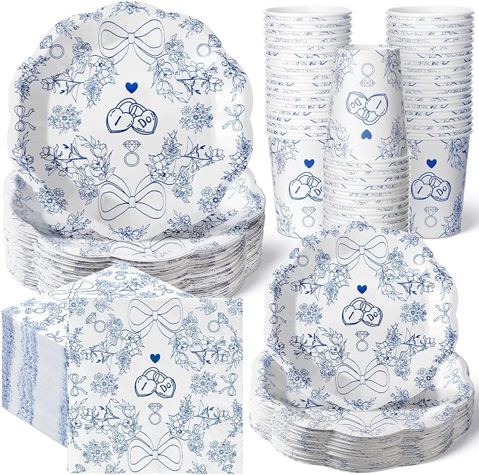 Newtay 250 Pcs Something Blue Disposable Plates and Napkins Bridal Shower Party Tableware Setting for 50 Guests Bachelorette Wedding Party Napkins and Cups Engagement Supplies