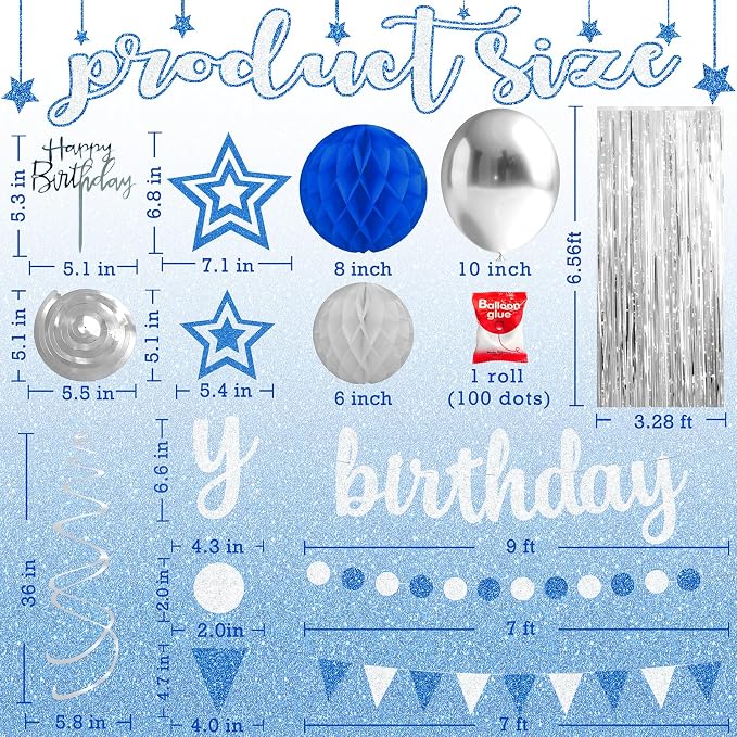 Blue and Silver Birthday Party Decorations Set - Happy Birthday Banner Balloons Foil Curtains Hanging Swirls for Men Women Kids Birthday Party Supplies