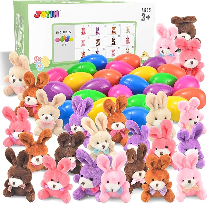 JOYIN 24 Pcs Filled Easter Eggs Plush Toy, Bright Colorful Eggs Prefilled with Variety Plush Bunnies for Kids Toddlers, Easter Basket Stuffers and Party Favors