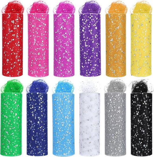 12 Pcs Rainbow Glitter Tulle Rolls 6 Inch by 10 Yards Tulle Rolls Netting Fabric Shiny Sequin Tulle Ribbon Craft Fabric for Tutu Skirts Sewing Birthday Wedding Baby Shower Party Decoration