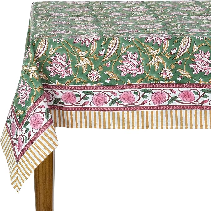 Ridhi Hunter Green Hand Block Print Cotton Rectangle Tablecloth 118" x 70" inches Reusable Table Cover Decorative Everyday Use for Dining Room, Farmhouse, Home Gift for Spring, Mother's Day