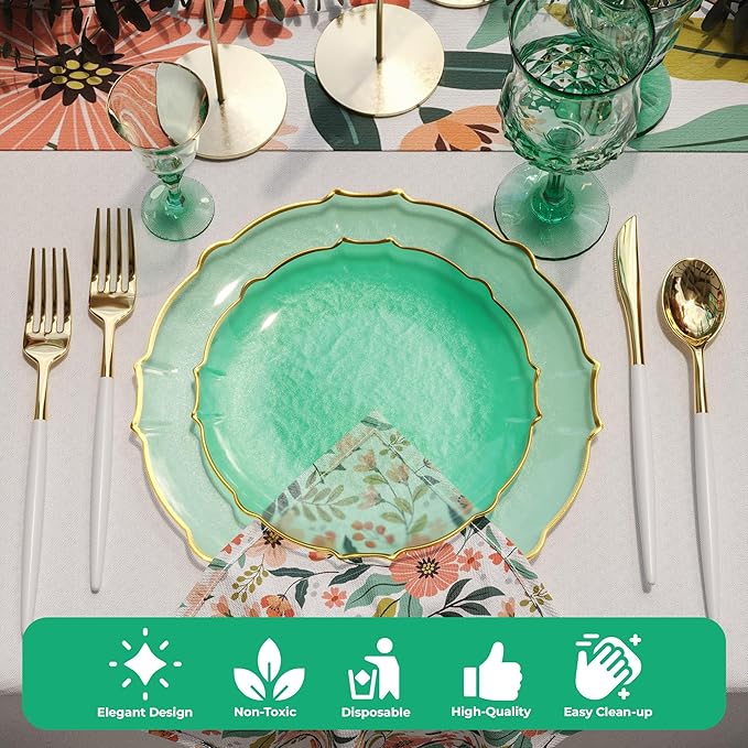Exquisite Tinted Plates 80 Piece Plastic Disposable Plates for Party Set For 40 Guests 40 X 7.5 Dessert Plates & 40 X 10 Thin Delicate Fancy Plastic Plates Disposable Dinnerware Mint Gold Rim