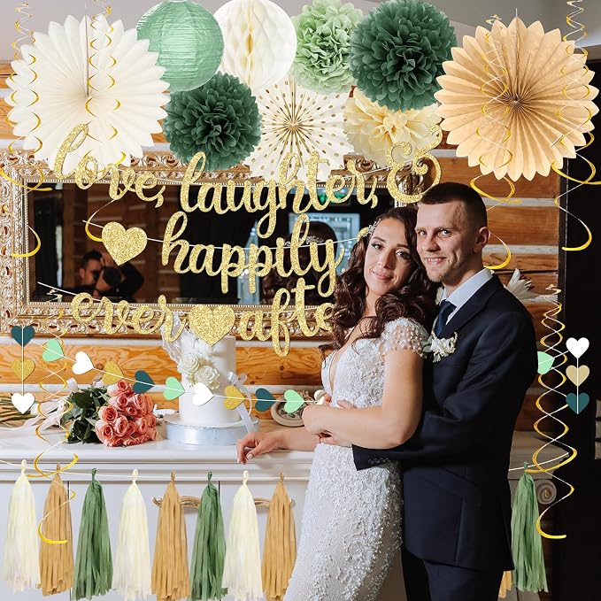 Roetyce Engagement Party Decorations, Green Gold Love Laughter & Happily Ever After Banner for Bridal Shower, Wedding Bachelorette Party Backdrop, Almost Married/Just Engaged Photo Background Decor