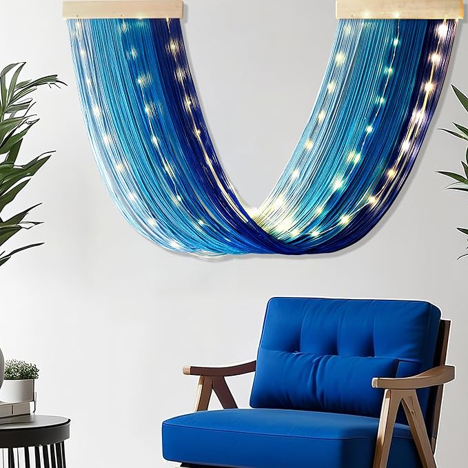 Macrame Fairy Lights Battery Operated with Remote & Timer, Blue Gradient | Handwoven Wall Hanging with 20ft 100 LEDs Warm White Timer String Lights for Bedroom,Living Room,Party,Wedding,Christmas Deco