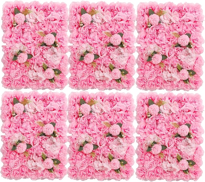 3D Flower Wall Backdrop - 6Pcs 16×24 Inch Artificial Rose Panels Pink Silk Floral Decor for Home Party Wedding Anniversary Birthday Photographic Studio Background & Decorative Fences