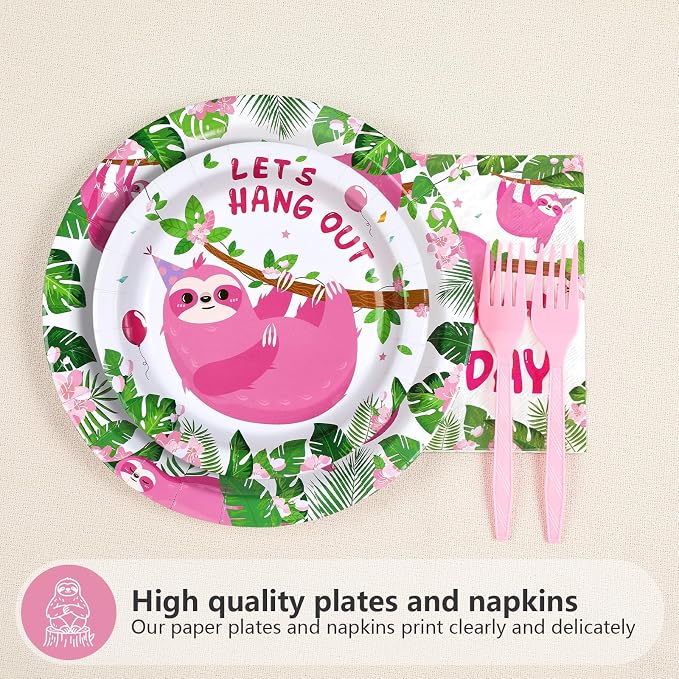 96Pcs Sloth Animal Birthday Party Supplies Hanging Pink Sloth Plates and Napkins Jungle Cute Animal Theme Tableware Set for Kids Girls Animal Theme Birthday Party Supplies，Serves 24