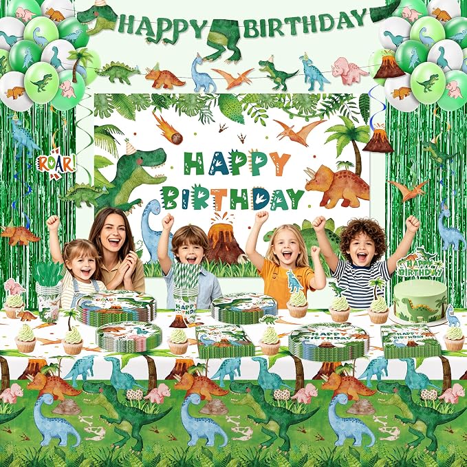 Dinosaur Birthday Decorations for Kids, Jungle Animal Dino Dinosaur Party Supplies for Birthday Baby Shower, Plate, Napkin, Cup, Banner, Tablecloth, Balloon, Swirl, Backdrop, Curtain, Serves 24