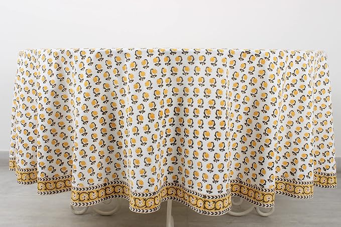 Ridhi Round Tablecloth Hand Block Print 100% Cotton Reusable Vintage Yellow 60 Inch Table Cover Decorative Everyday Use for Dining, Home, Party, Wedding, Farmhouse, Party Gift for Spring, Mother's Day