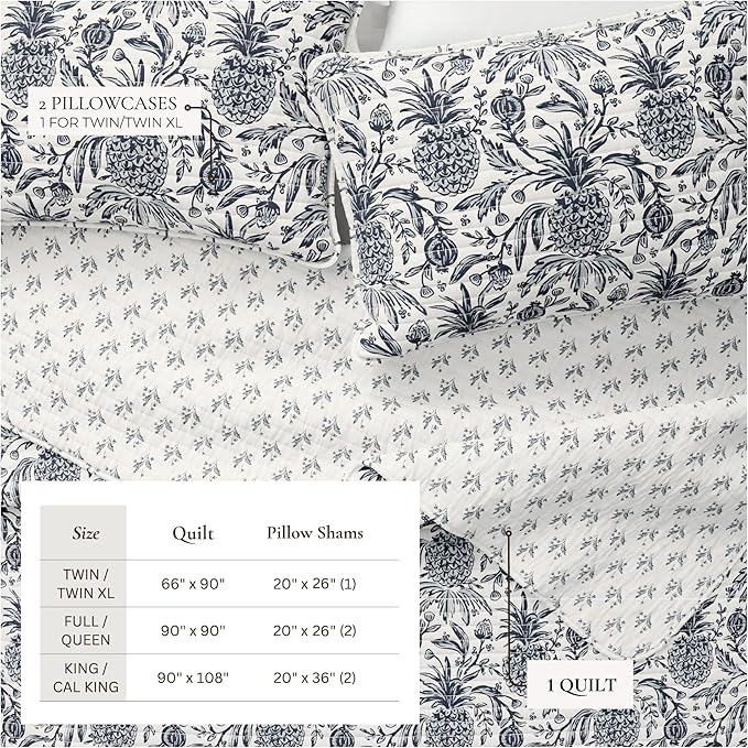 Great Bay Home Twin/Twin XL 100% Cotton Quilt Set with Shams - Reversible Coastal Prints - Lightweight, Breathable, All-Season Bedding - 2-Piece Twin Bed Set, Pineapple Grove Off White/Navy