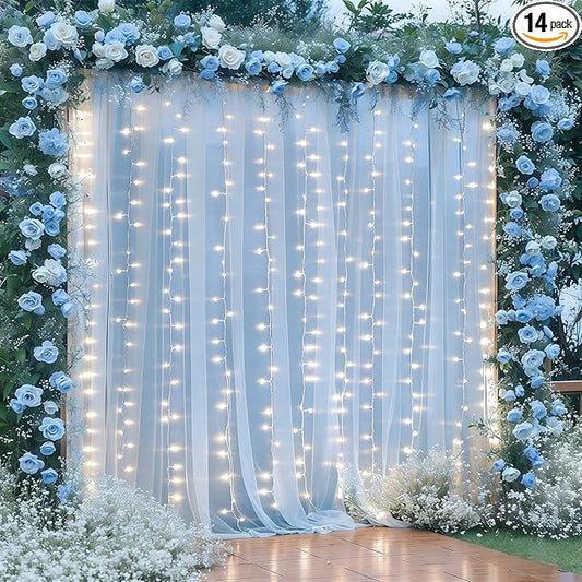 10×10ft Blue Tulle Backdrop Curtain with Lights String for Parties, Sheer Photo Curtain Backdrop Drapes for Wedding Party Photography Backgrounds