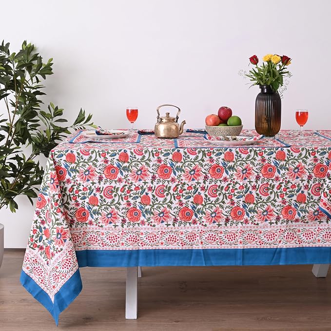 Hand Block Printed Tablecloth, Colorful Floral Print, Indian Artisan Handmade Art, Dining Room, Kitchen, Outdoor Décor, (Peach Floral, 14 Napkins, 72 x 160 Inches Rectangle)