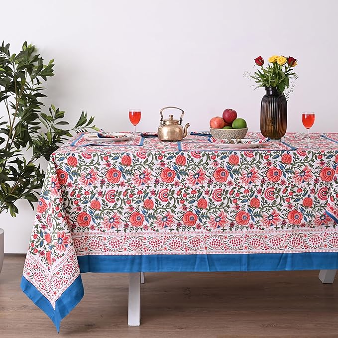 Hand Block Printed Tablecloth – Colorful Floral Print | 100% Cotton | Indian Artisan Handmade Art | Dining Room, Kitchen, Outdoor Décor, (Peach Floral, 60 x 60 Inches Square)