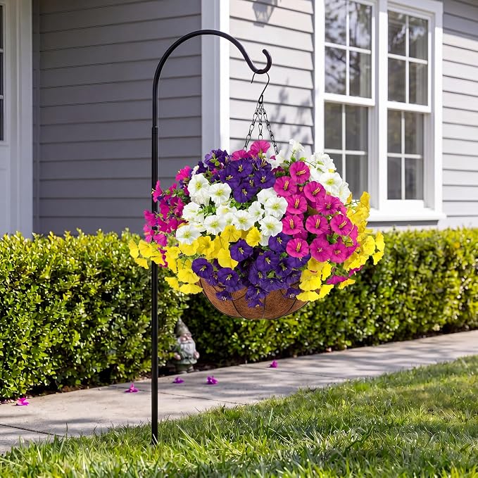 Artificial Flowers for Outdoors with Baskets Hanging Plant Faux Flowers UV Resistant Fake Silk Morning Glory with Eucalyptus for Planter Porch Garden Home Spring Summer Decoration(Mixed 4 colors)