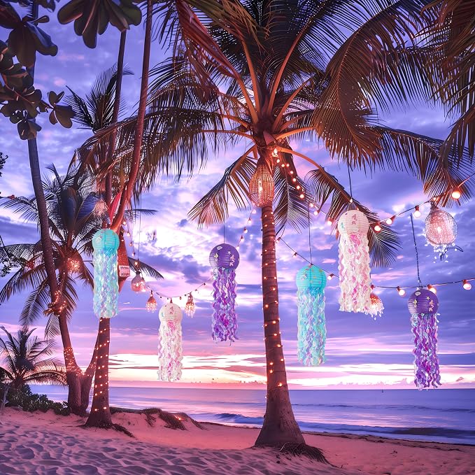 OBXT 12" Colorful Jellyfish Lanterns - Mermaid Birthday Party Decorations, Under the Sea & Ocean Theme Hanging Jellyfish Decor for Classroom, Nautical Events, and Underwater Adventure (Set of 6)