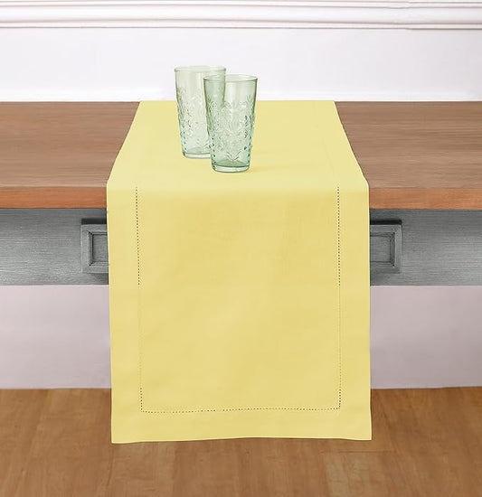 Solino Home Yellow Table Runner 108 Inches Long - Cotton Linen Hemstitch 14 x 108 Inch Table Runner for Dining, Spring, Summer, Mothers Day