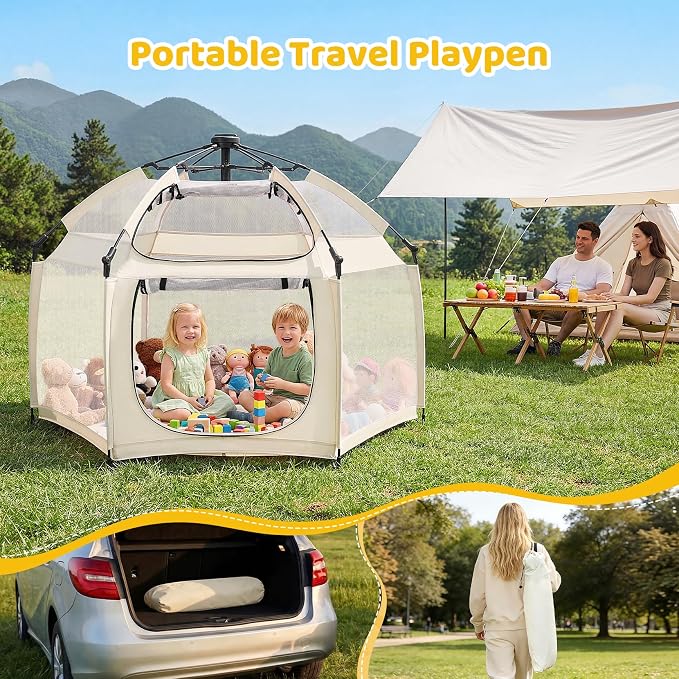 Dripex Pop Up Playpen w/t Built-in Pad & One-Click Safe Lock, Foldable Indoor/Outdoor Baby Playpen w/t Removable Canopy &Roll-Up Door & Top Mesh Window, Travel Pop and Go Beach Play Pen for Baby Beige