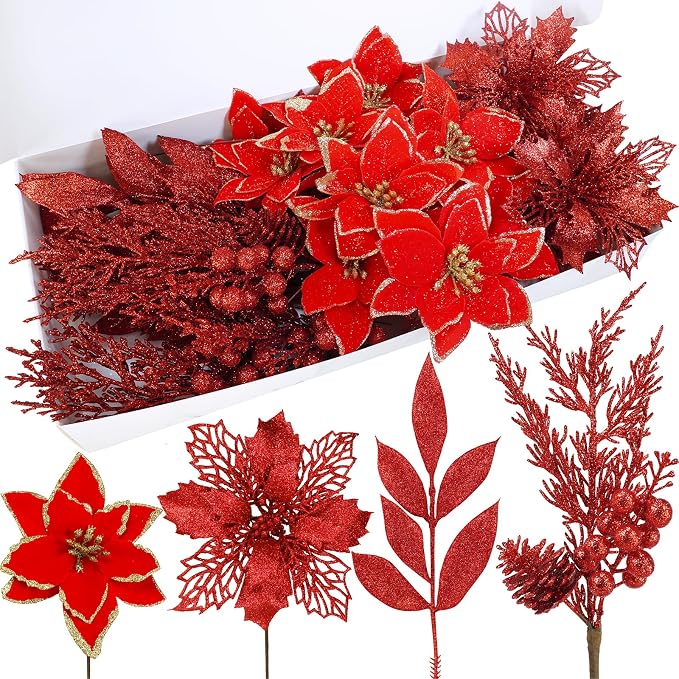 Winlyn 35 Pcs Christmas Artificial Poinsettia Flowers Picks and Artificial Leaves Sprays Red Glitter Christmas Picks for Red Christmas Tree Holiday Floral Arrangement Centerpiece Wreath Garland Décor