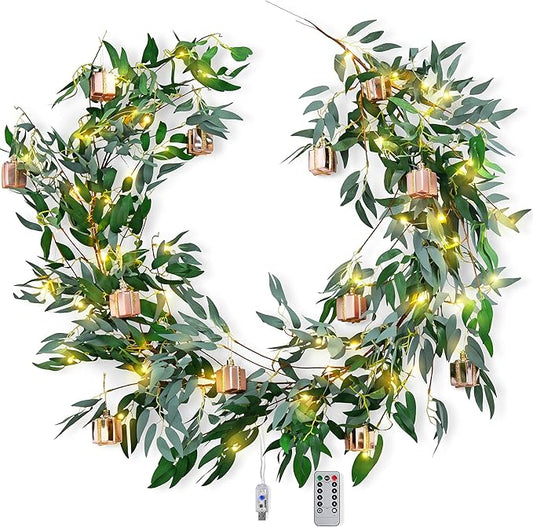Artificial Willow Garland with USB Fairy String Lights & Pink Gift Box Ornaments – 2-Pack Lighted Greenery Vine, with Remote for Mantels, Weddings, Fireplace, Holidays, Parties & Everyday Home Decor