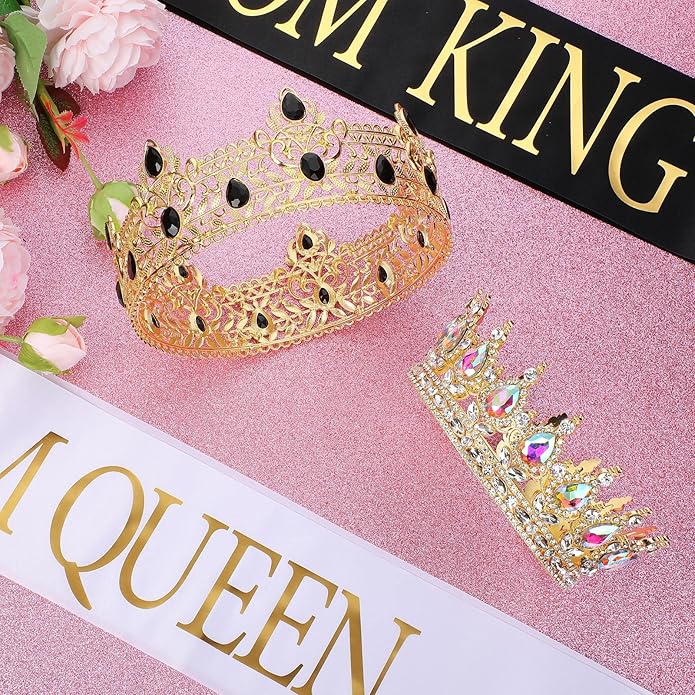6 Pieces Prom King and Queen Crowns Sashes Set, Crystal Tiara for 2026 Homecoming Graduation Party Birthday Wedding