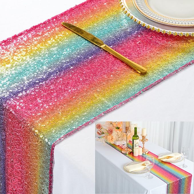 ShinyBeauty Rainbow Table Runners - Pack of 10, 12x108-Inches, Sequin Glitter Fabric Covers for Rectangle & Round Tables, Christmas & Birthday Decor
