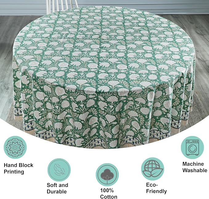 Ridhi Round Tablecloth Hand Block Print 100% Cotton Reusable Turquoise Moss Green 110 Inch Table Cover Decorative Everyday Use for Dining, Home, Party, Wedding, Farmhouse Gift for Spring, Mother's Day