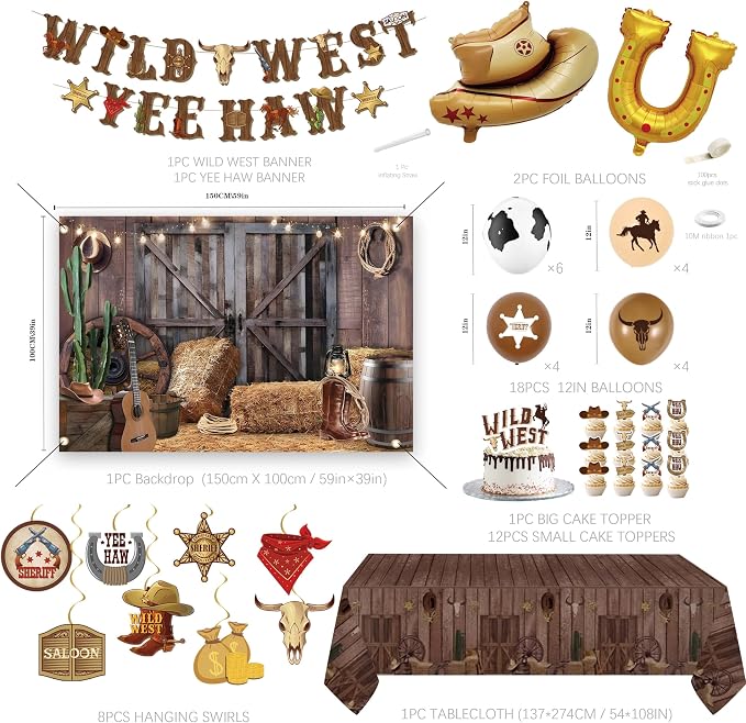 Western Party Decorations,Cowboy Party Decorations For Men,Wild Weat Banner,Cow Print Foil Balloon,Table Cloth,Western Decor For Boys