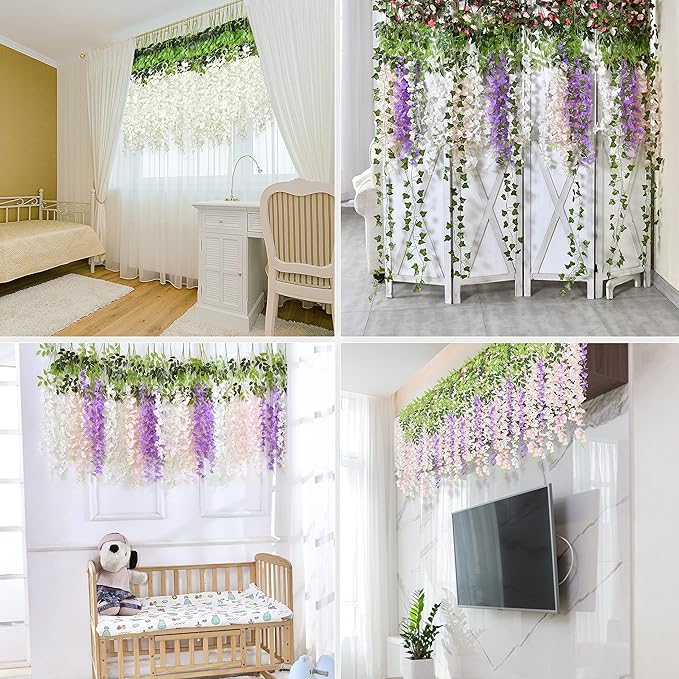 BLEUM CADE 36Pcs White & Purple Fake Wisteria Hanging Flowers, 3.6Ft/Pcs Artificial Wisteria Garland, Hanging Flowers for Wedding Party Home Backdrop Wall Decoration