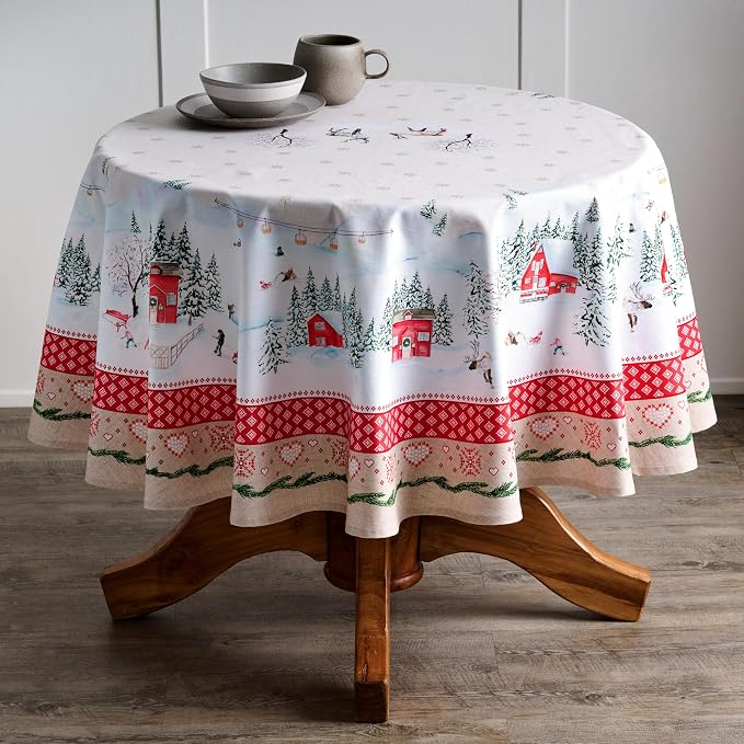 Maison d' Hermine Table Cloth Round Table 100% Cotton 69 Inches Fall Tablecloth Reusable Everyday Use for Thanksgiving Christmas Decorations Dining Farmhouse Party (Rural Christmas)