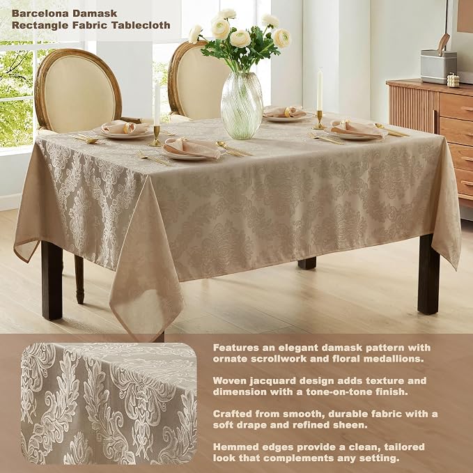 Newbridge Barcelona Luxury Damask Fabric Tablecloth, 70” Extra Wide x 108” Rectangle, Golden Beige, 100% Polyester, No Iron, Soil Resistant Dining Room, Party and Banquet Table Cover