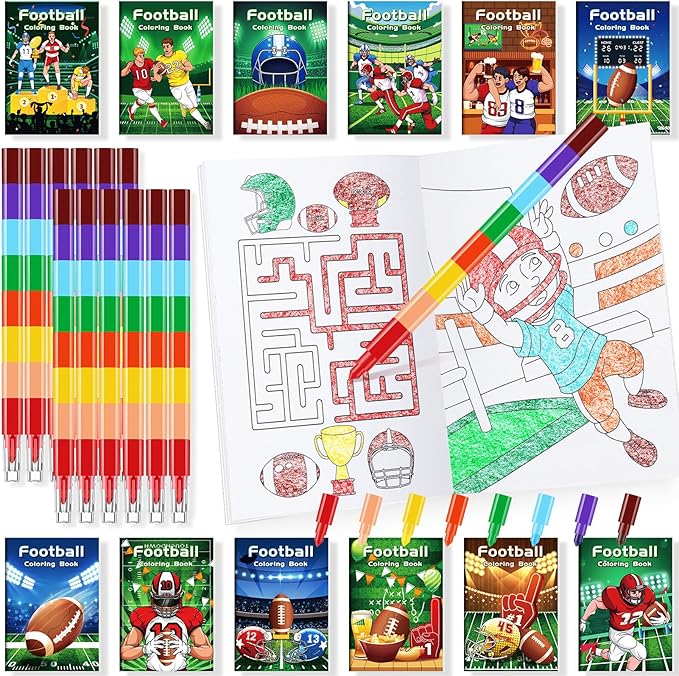 BenLouis 24 Football Mini Coloring Books Kids with 24 Stacking Crayons Football Party Favors Activity Books Bulk for Kids Boys Super Football Bowl Goodie Bag Gift Stuffer Classroom Reward