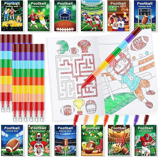 BenLouis 24 Football Mini Coloring Books Kids with 24 Stacking Crayons Football Party Favors Activity Books Bulk for Kids Boys Super Football Bowl Goodie Bag Gift Stuffer Classroom Reward