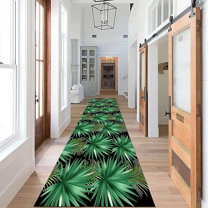 Plant Leaf Runner Rug, 2.6x10ft, Tropical Green Palm Leaves Washable Rugs Runner Kitchen Carpet, Non-Slip Plant Leaves Non-Shedding Low Pile Modern Rug for Hallway Bedroom Laundry Room