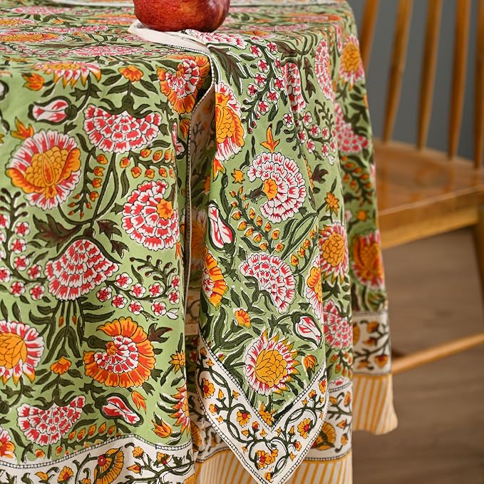 Hand Block Printed Tablecloth, Colorful Floral Print, Indian Artisan Handmade Art, Dining Room, Kitchen, Outdoor Décor, Party Decor, (Daisy Sunshine, 90 Inches Round, 8 Napkins)