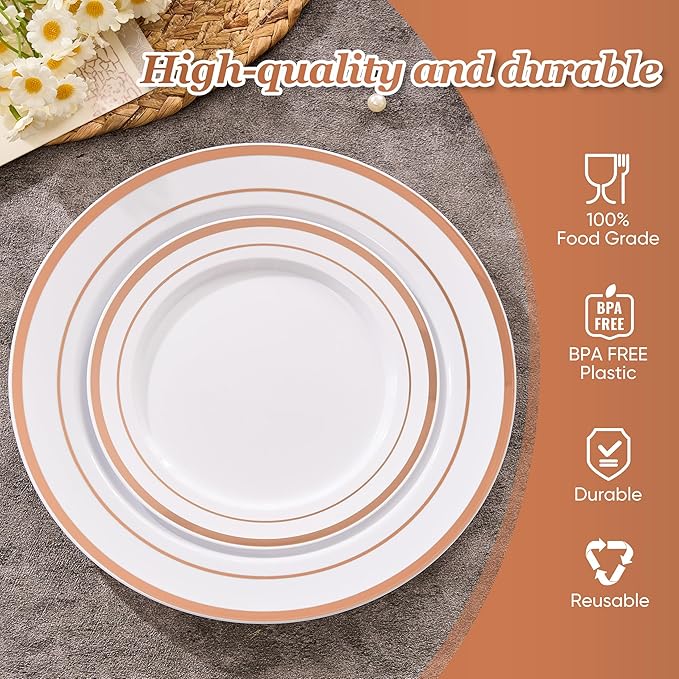 Fijinhom 100PCS Rose Gold Plastic Plates, Disposable Plates with 50PCS 10" Dinner Plates & 50PCS 7" Dessert Plates for 50 Guests, Plastic Party Plates for Wedding, Birthday, Rose Gold