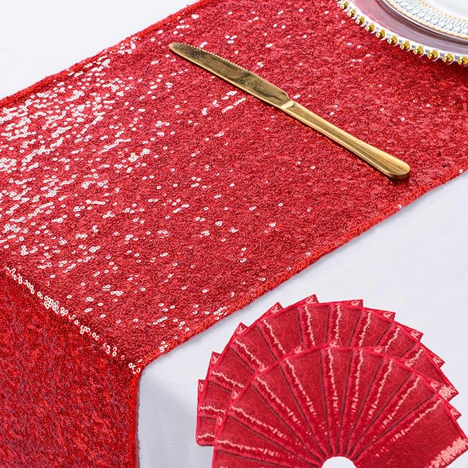 ShinyBeauty Red Table Runners 108 Inches Long Sequin Table Runner Christmas Decorations Sparkletable Linen for Wedding, Party,Outdoor,Cake Table Decor (12"X108",20 Packs)
