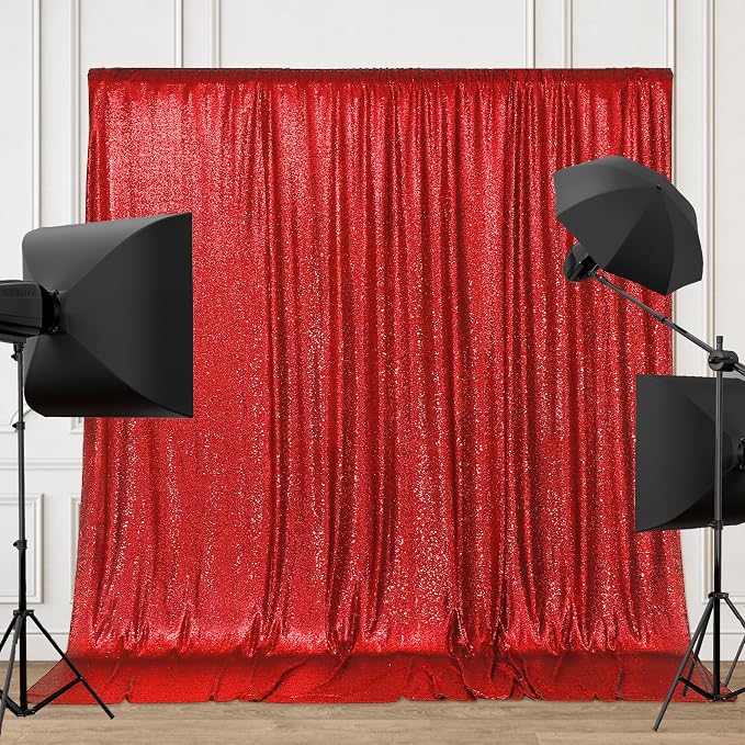 PartyDelight Red Sequin Backdrop 6x8ft 4 Inch Rod Pocket | Dense 3mm sequins on mesh backing with 4 inch rod pocket for full body photos ceremony arches party walls and stage displays