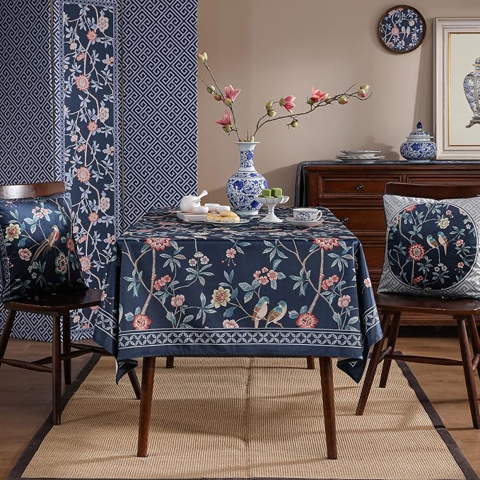 patdrea Elegant Vintage Linen Tablecloth,Rectangular,118"x67"-Lanruoting | Vintage Table Cloth for Rectangle Table,Blue Oriental Bird Floral Print,Dining Tea Party Thanksgiving Coffe Table Decor