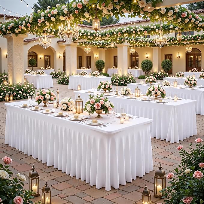 6 Packs White Tableclothes for 8 Foot Rectangle Tables, Wrinkle Resistant Fitted Table Cloth Stretch Spandex Table Covers with Skirt for Event Banquet Wedding Birthday Party